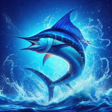 Striking Atlantic blue marlin twisting above waves with dynamic water splash on vivid blue sea. Perfect for sport fishing apparel and souvenirs embodying angling excitement