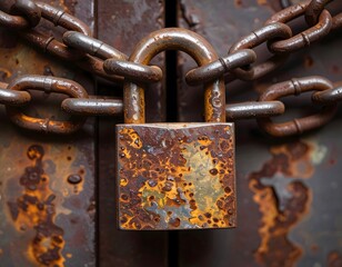 Close-up of a heavily rusted padlock and chain securing a metal door.