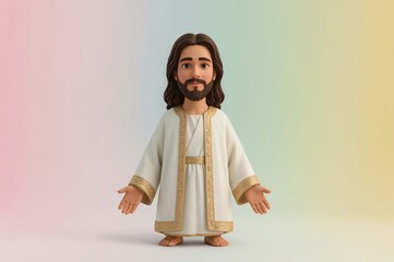 Cartoon Jesus welcoming, pastel background, religious illustration
