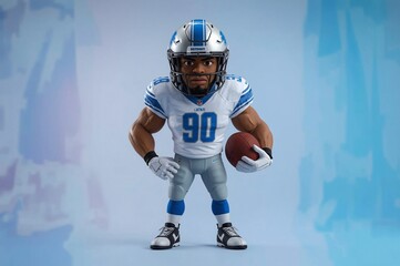 Cartoon football player, studio shot, blue background, sports marketing