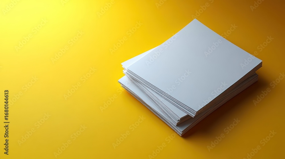 Poster minimalist stack of blank white paper sheets on vibrant yellow background with ample copy space for 