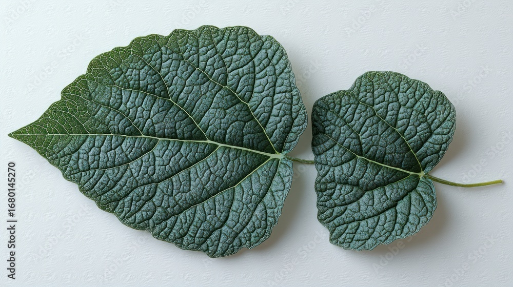 Poster macro close-up of two vibrant green leaves with intricate bumpy texture and prominent veins on a cle