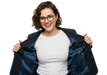 Smiling woman opening her dark suit jacket on transparent background