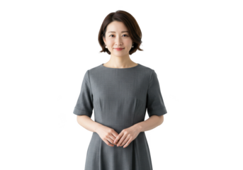 Woman in grey dress portrait presentation on transparent background