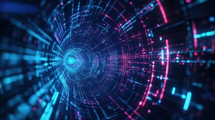Obraz premium Futuristic digital tunnel with vibrant neon lights and glowing data streams creating a sense of advanced technology and virtual reality environment