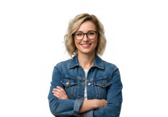 Woman smiling wearing glasses and jacket on transparent background