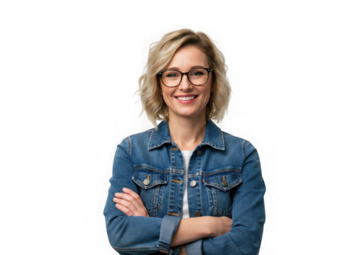 Woman smiling wearing glasses and jacket on transparent background
