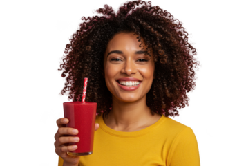 Smiling woman holding a red smoothie glass on transparent background