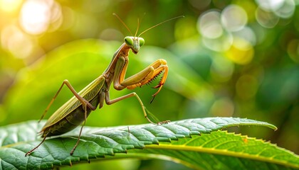 Mantis on a leaf in a lush forest