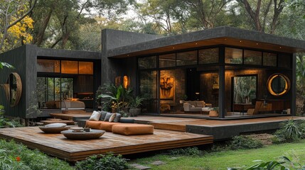 Obraz premium Modern Forest House with Dark Concrete Exterior, Glass Walls, and Wooden Decks, Featuring Luxurious Outdoor Living Areas and Warm Interiors Amidst Lush Greenery
