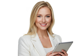 Woman holding tablet with blonde hair on transparent background