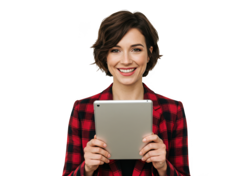 Woman holding tablet with happy expression on transparent background