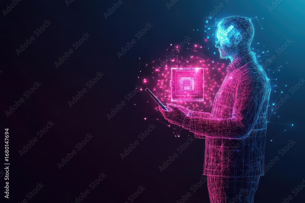 Aufkleber futuristic hologram digital technology illustration of a person using a smartphone in a neon glowing