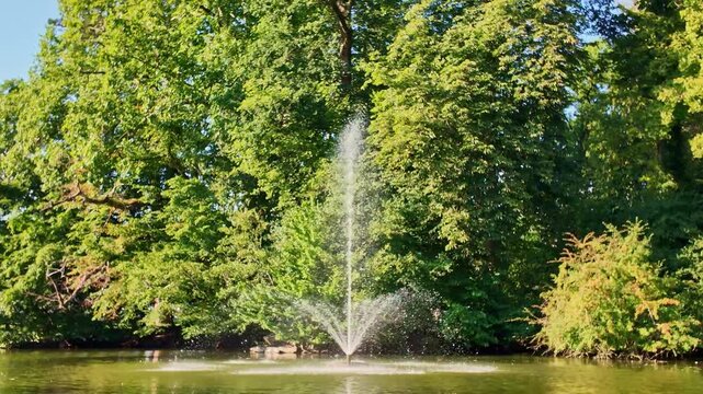 Fountain spraying water high surrounded by lush green trees in a pretty The Ondine Park's lakeside, Chang&eacute;, Mayenne, France