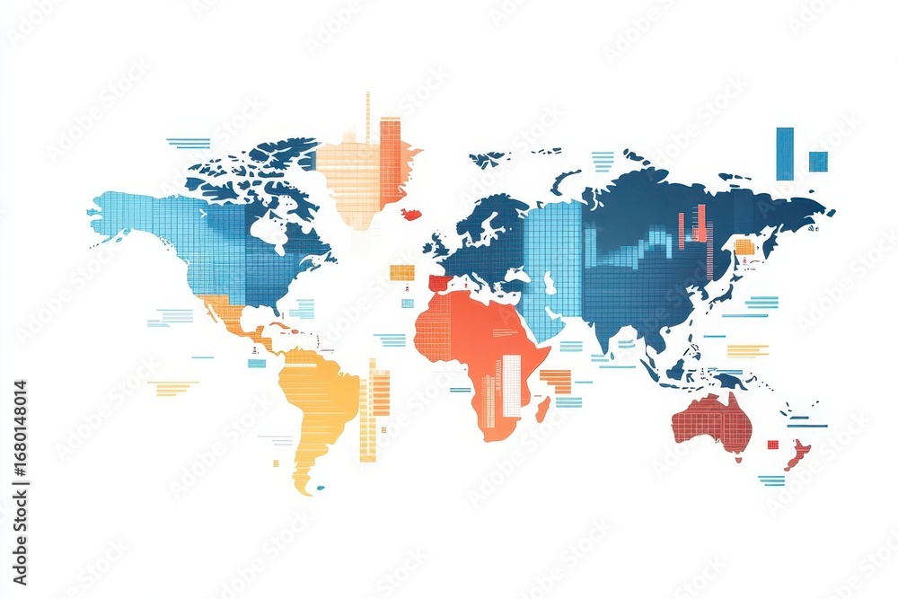 Aufkleber colorful digital world map illustration showing continents with data charts and graphs for global bu