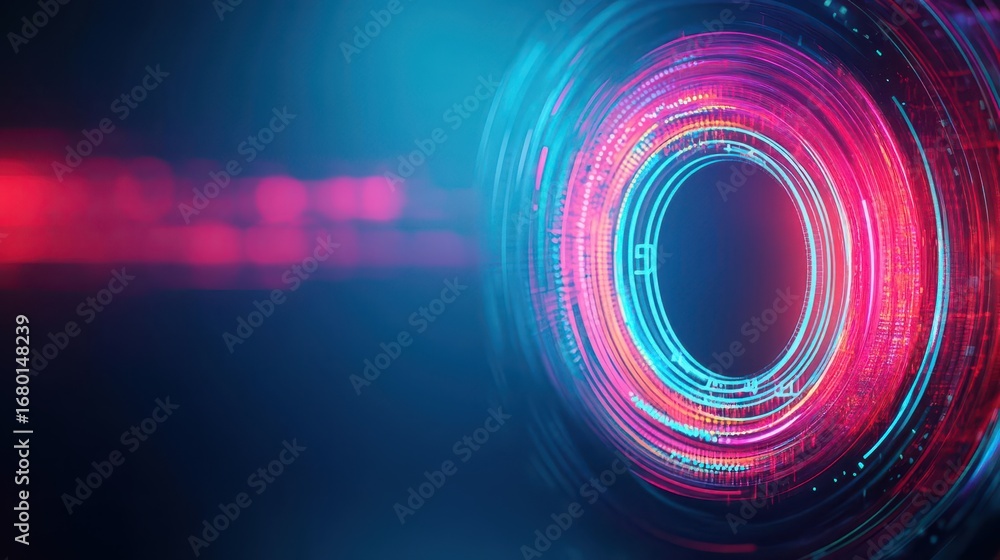 Poster abstract futuristic digital technology concept with vibrant neon circular hologram and glowing lines