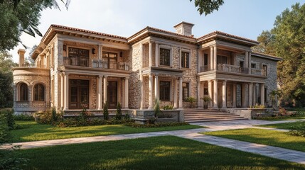 Luxurious stone mansion with manicured lawn and elegant architectural details on a sunny day showcasing wealth and style