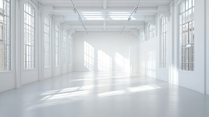 Bright spacious loft interior with white walls and large windows casting sunlight patterns on the floor creating a minimalist space