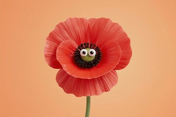 Cheerful poppy with googly eyes, pastel background, spring, advertising
