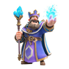 Obraz premium A fantasy wizard character wearing a blue and purple robe and holding a crystal staff and magical energy
