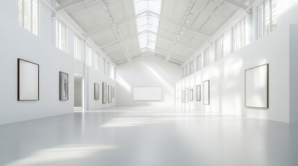 Bright and spacious art gallery interior with white walls and natural light showcasing modern artwork and minimalist design