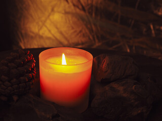 Scented candles in the dark at night create a romantic or mysterious atmosphere.