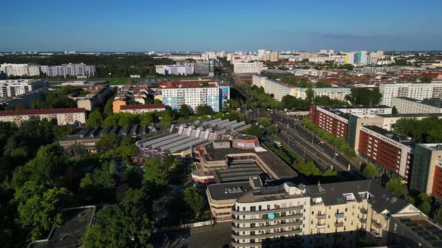 urban landscape of Berlin Friedrichshain, featuring the abandoned Sez a historical Gdr indoor swimming pool. Best aerial view flight overflight flyover drone