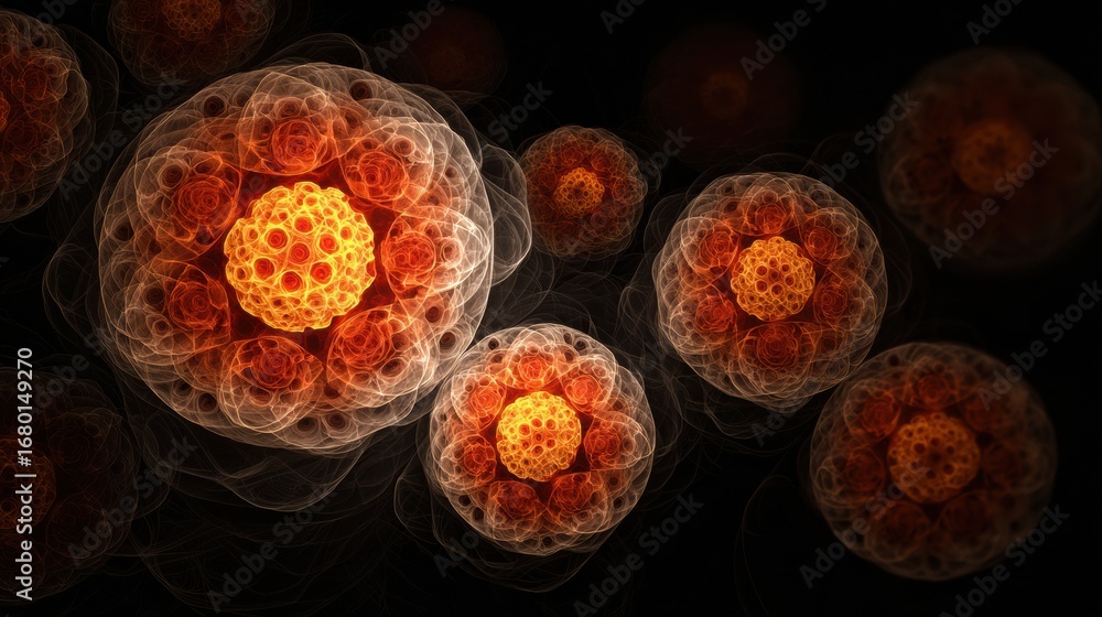 Poster brightly glowing abstract representations of cells displaying vibrant colors and intricate patterns 