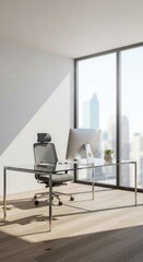 Fototapeta premium Bright and Minimalist Modern Office Interior with Glass Desk, Ergonomic Chair, Computer, and Cityscape View from Large Window, Bathed in Sunlight and Shadows