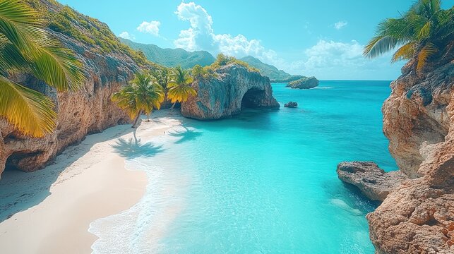 Aerial view of a stunning tropical beach with turquoise clear water, white sand, lush green cliffs, and palm trees under a bright blue sky with clouds, featuring a natural rock archway.