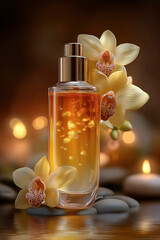 Perfume bottle with yellow orchids on dark background