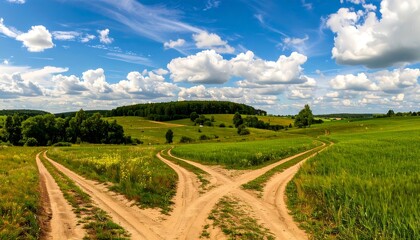 Panoramic view of a crossroads in a rural landscape under a partly cloudy sky