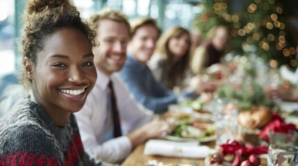 Coworkers smiling and enjoying festive Christmas lunch