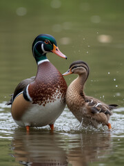Fototapeta premium A male wood duck (Aix sponsa) getting aggressive with a female wood duck who previously charged at him to get him away from her babies.
