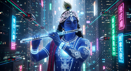 A digital artwork depicting a blue-skinned deity playing a flute in a futuristic cityscape.