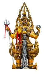 Thao Wessuwan is demon guardian, Thai Giant golden statue, Isolated on transparent background