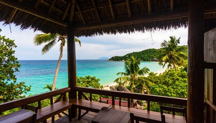 Tropical Beach View from Wooden Balcony with Thatched Roof and Turquoise Water