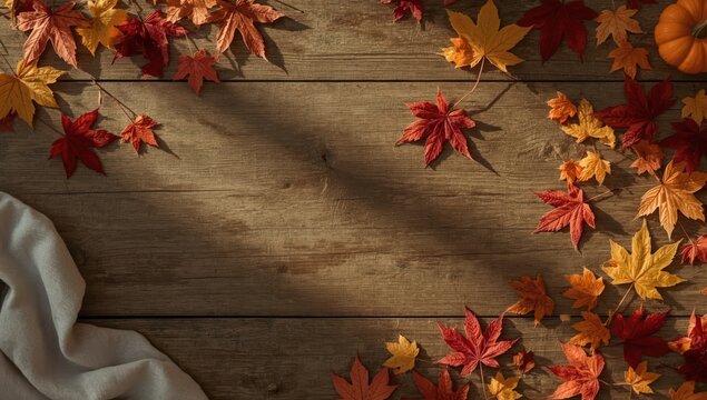 Seasonal Fall Decor Background with Leaves and Pumpkin