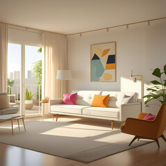 Modern balcony lounge with wall art and neutral sofa set