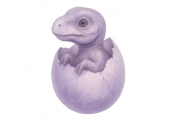 Newborn dinosaur emerging from bright purple egg, revealing adorable prehistoric creature against clean background