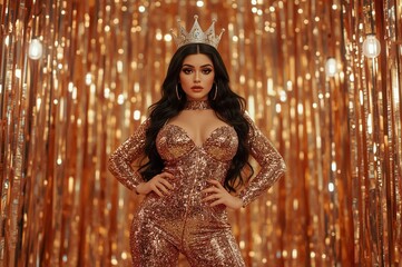 Confident queen posing, gold backdrop, studio