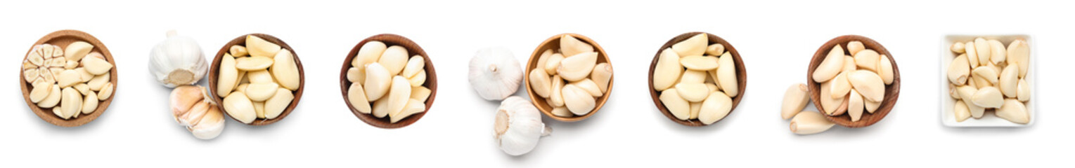 Set of bowls with fresh garlic on white background, top view