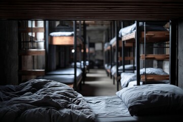 A row of bunk beds in a homeless shelter where individuals finally rest safely The mood feels quiet and secure, Generative AI