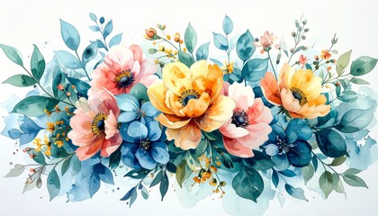 Fototapeta premium Vibrant watercolor floral arrangement with coral, yellow, and blue blossoms, perfect for invitations and decor