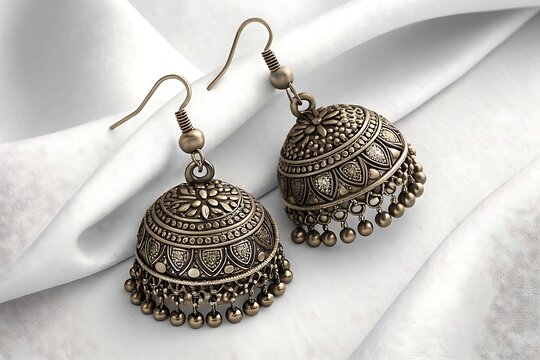 Intricate traditional indian jhumka earrings on white silk fabric