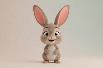 Cute cartoon bunny poses on white; pastel background