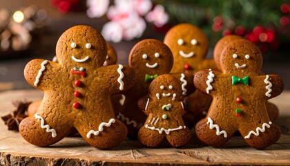 Festive gingerbread men on a wooden board.  Holiday treats