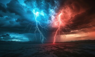 Background image of red and blue lightning striking the dark sky.
