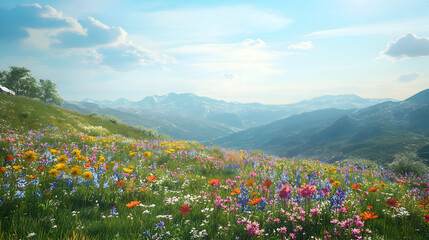 Fototapeta premium meadow with flowers and mountains