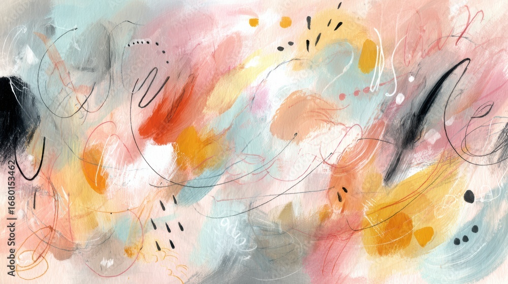 Poster vibrant abstract art featuring soft colors and fluid lines in a dynamic composition created during a